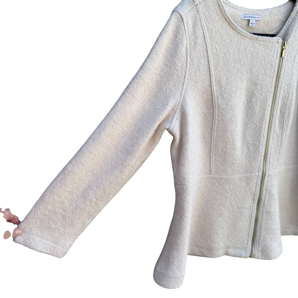 Isaac Mizrahi Womens Winter White Wool Blend Zip-Up Boucle Peplum Moto Jacket L