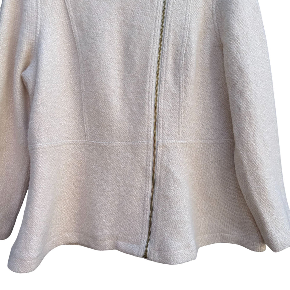 Isaac Mizrahi Womens Winter White Wool Blend Zip-Up Boucle Peplum Moto Jacket L