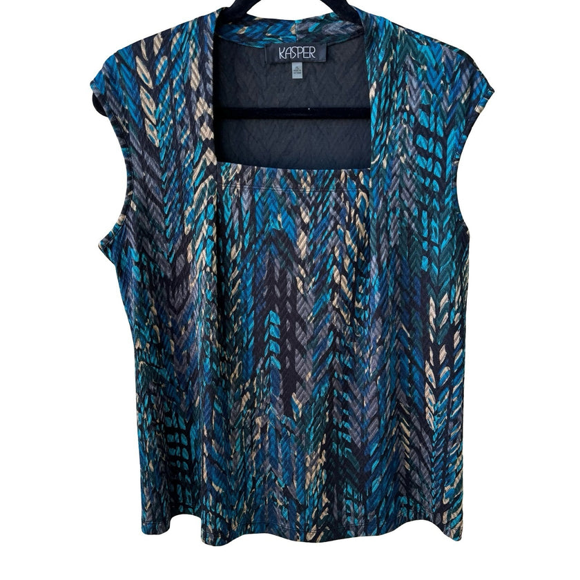 Kasper Careerwear Layering Sleeveless Square Neck Abstract Chevron Blouse Blue L