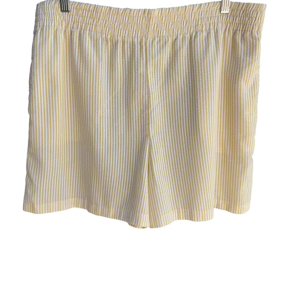 Vintage 80s Womens Yellow White Striped Seersucker Elastic Waist Granny Shorts