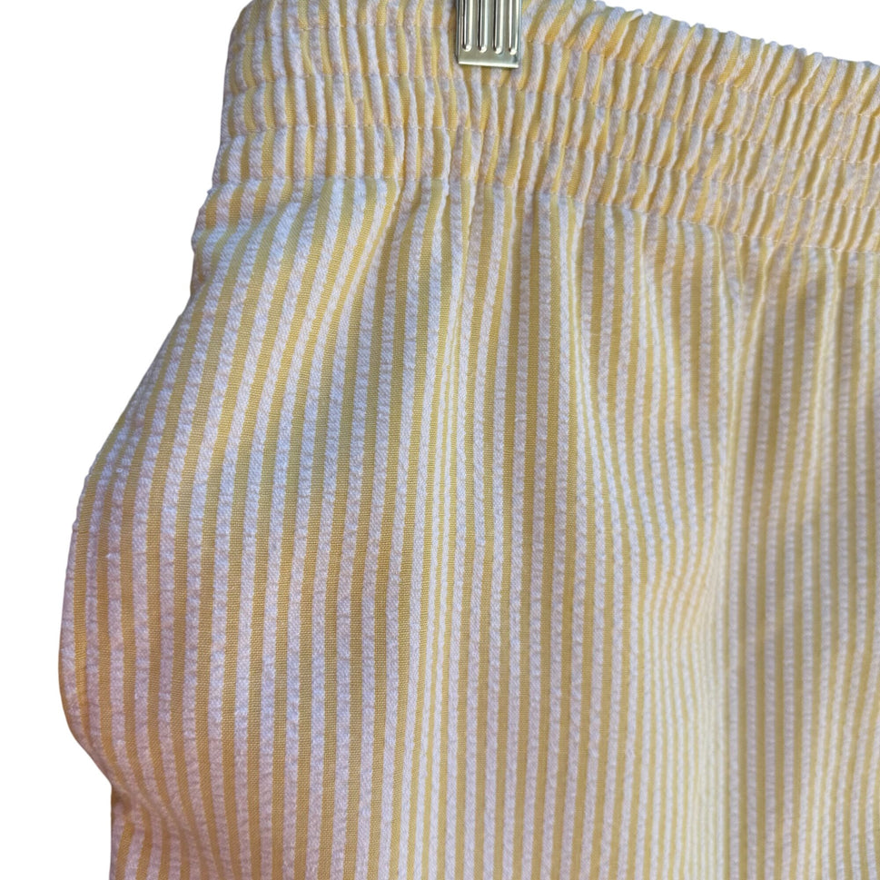 Vintage 80s Womens Yellow White Striped Seersucker Elastic Waist Granny Shorts