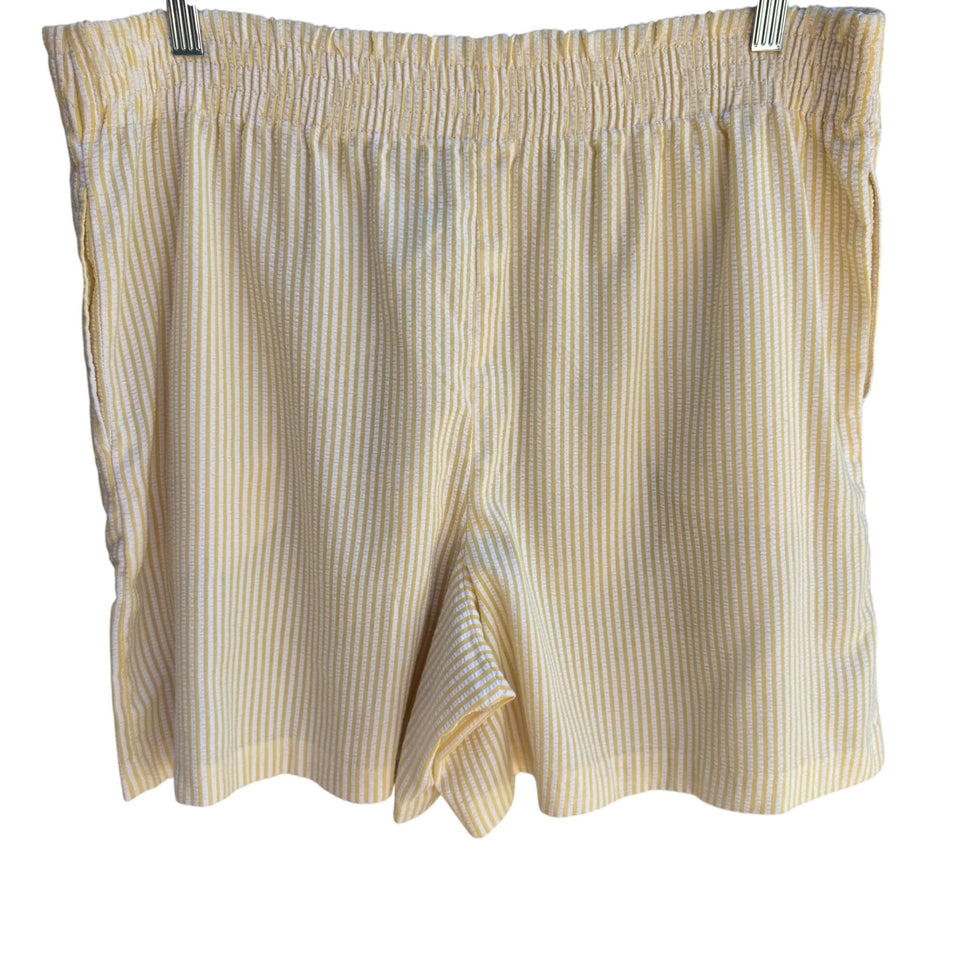 Vintage 80s Womens Yellow White Striped Seersucker Elastic Waist Granny Shorts