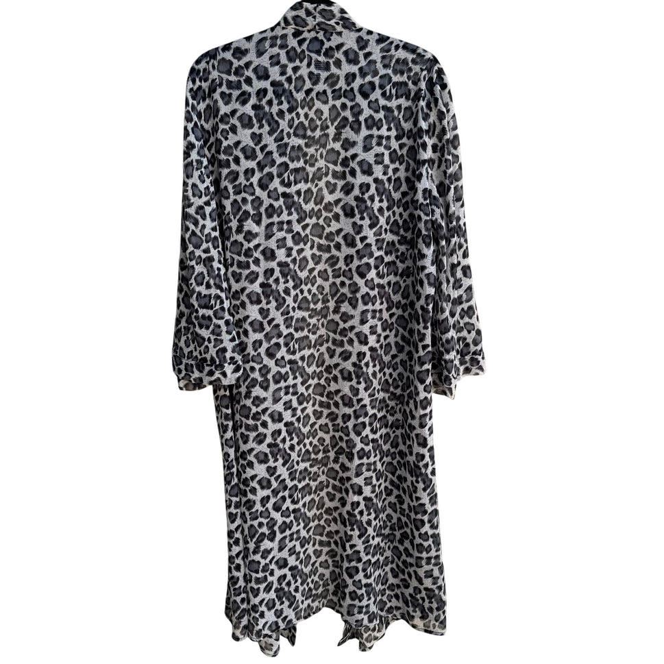 Susan Graver Style Womens Black Kimono Leopard Print Semi Sheer Duster Cardigan