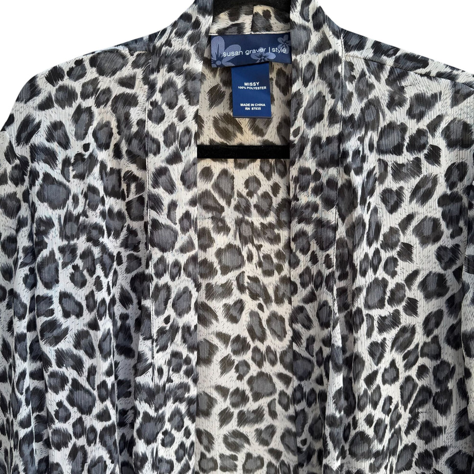 Susan Graver Style Womens Black Kimono Leopard Print Semi Sheer Duster Cardigan