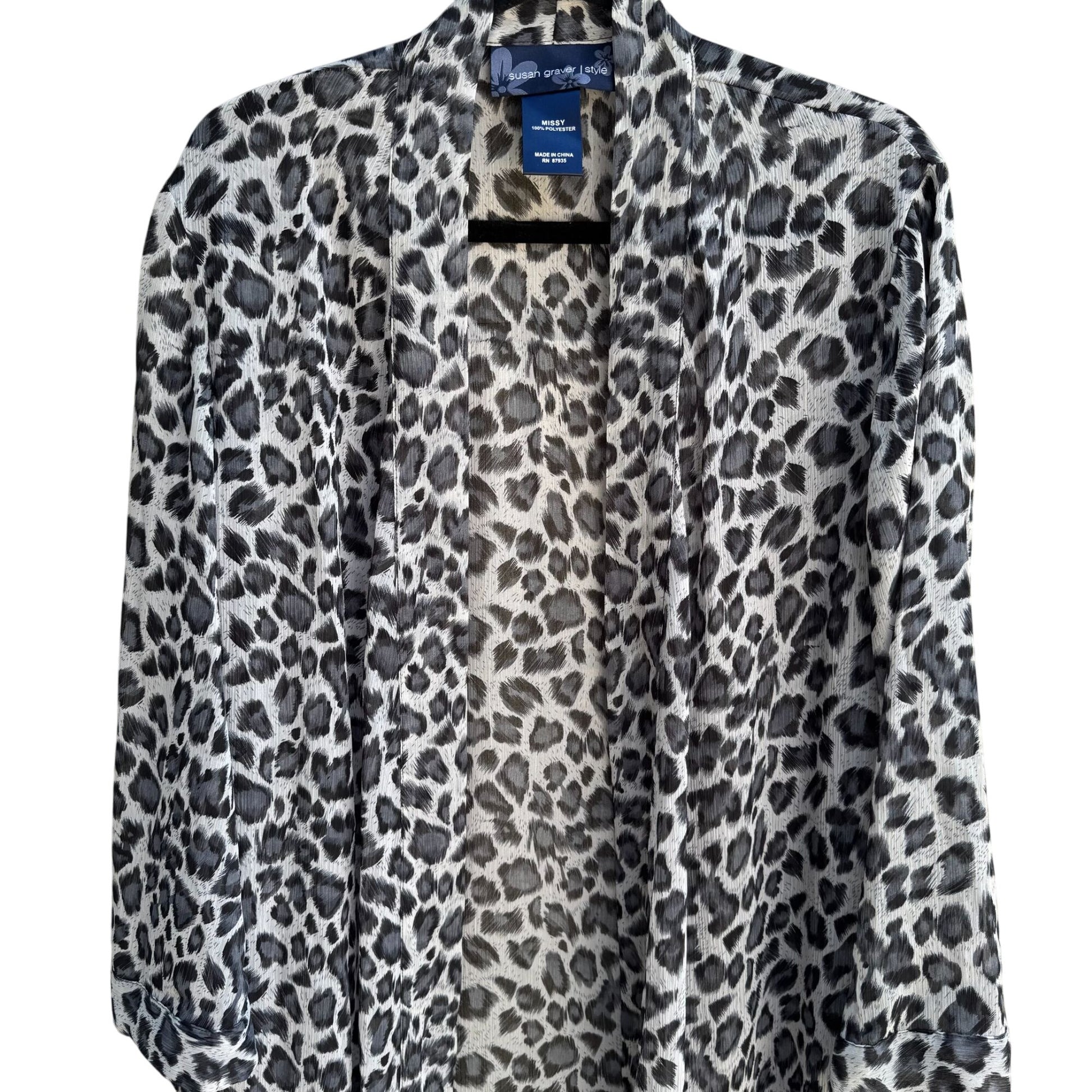 Susan Graver Style Womens Black Kimono Leopard Print Semi Sheer Duster Cardigan