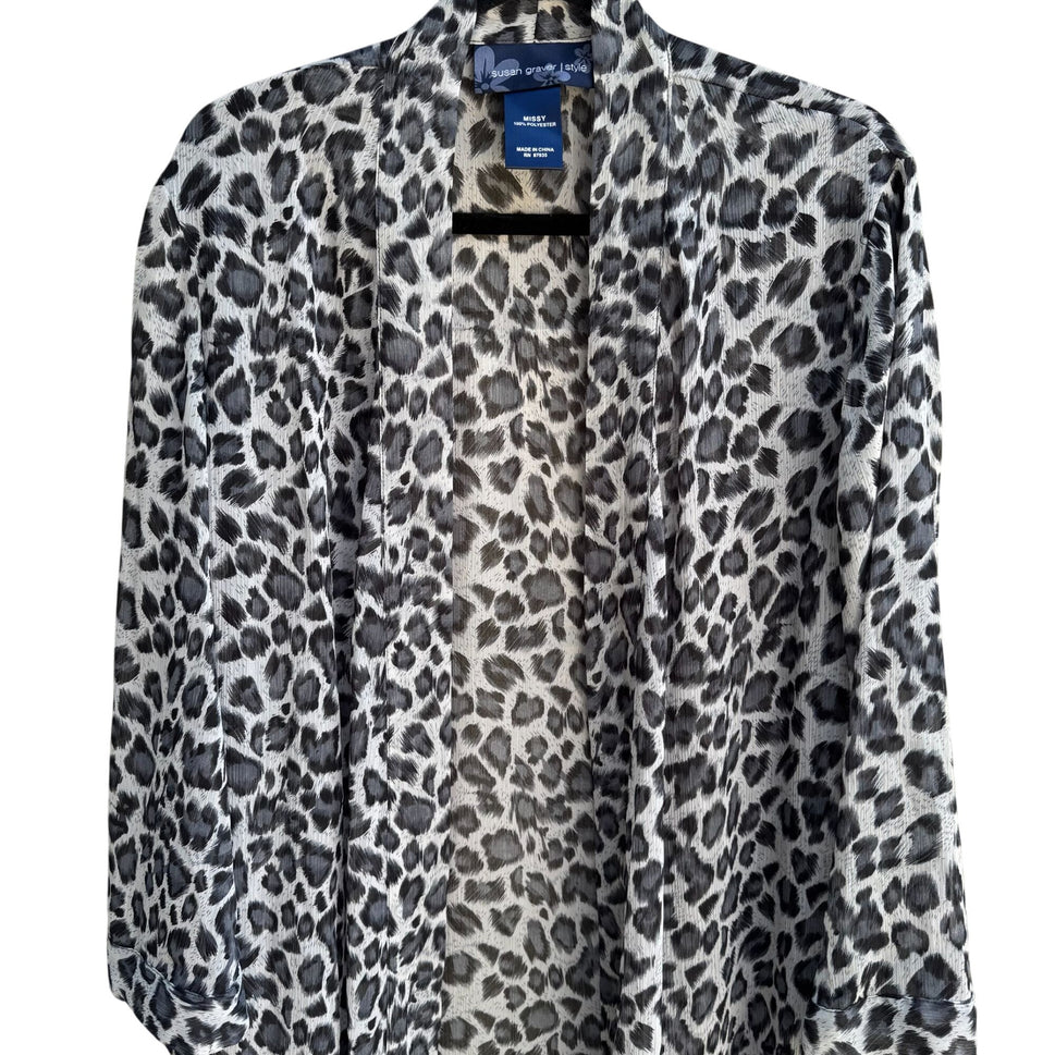 Susan Graver Style Womens Black Kimono Leopard Print Semi Sheer Duster Cardigan