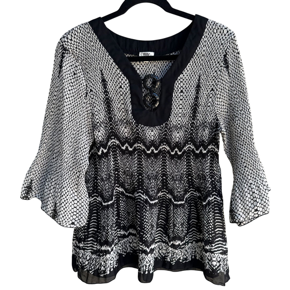 Nicola Petites Black White Snake Print Flared Sleeves V-Neckline Tunic Blouse PXL