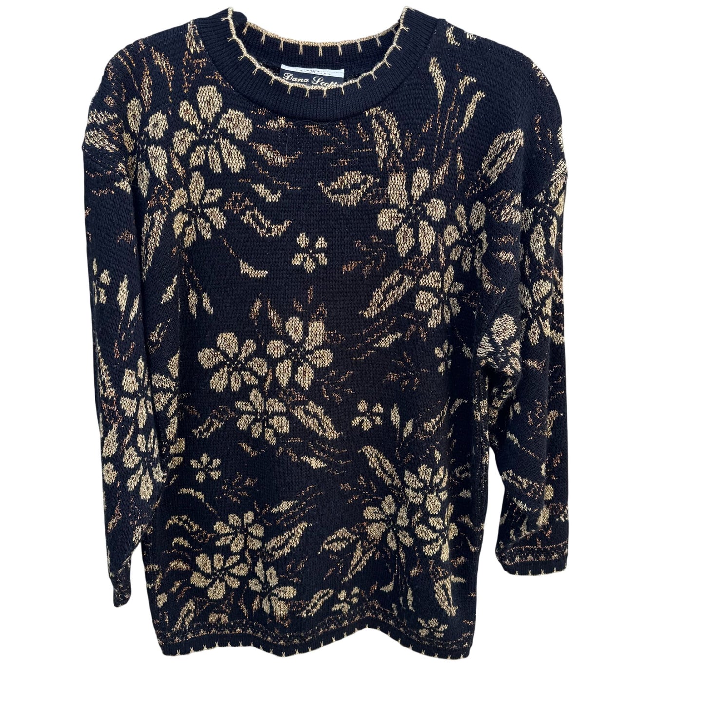 Dana Scott Vintage Womens Metallic Black Gold Floral Knit Sweater M Glam Cottage