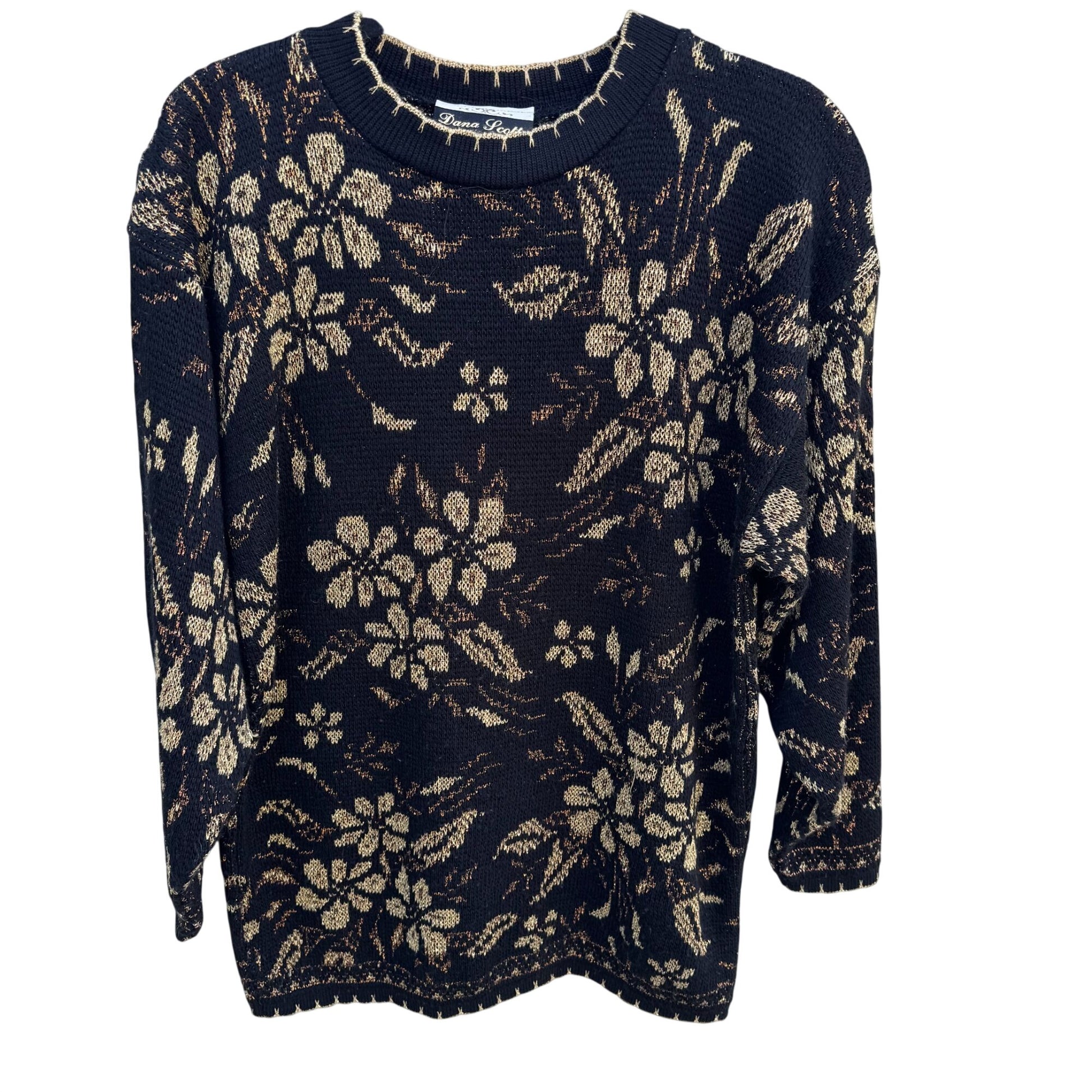 Dana Scott Vintage Womens Metallic Black Gold Floral Knit Sweater M Glam Cottage