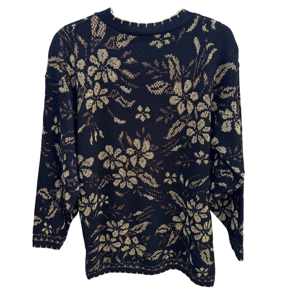 Dana Scott Vintage Womens Metallic Black Gold Floral Knit Sweater M Glam Cottage