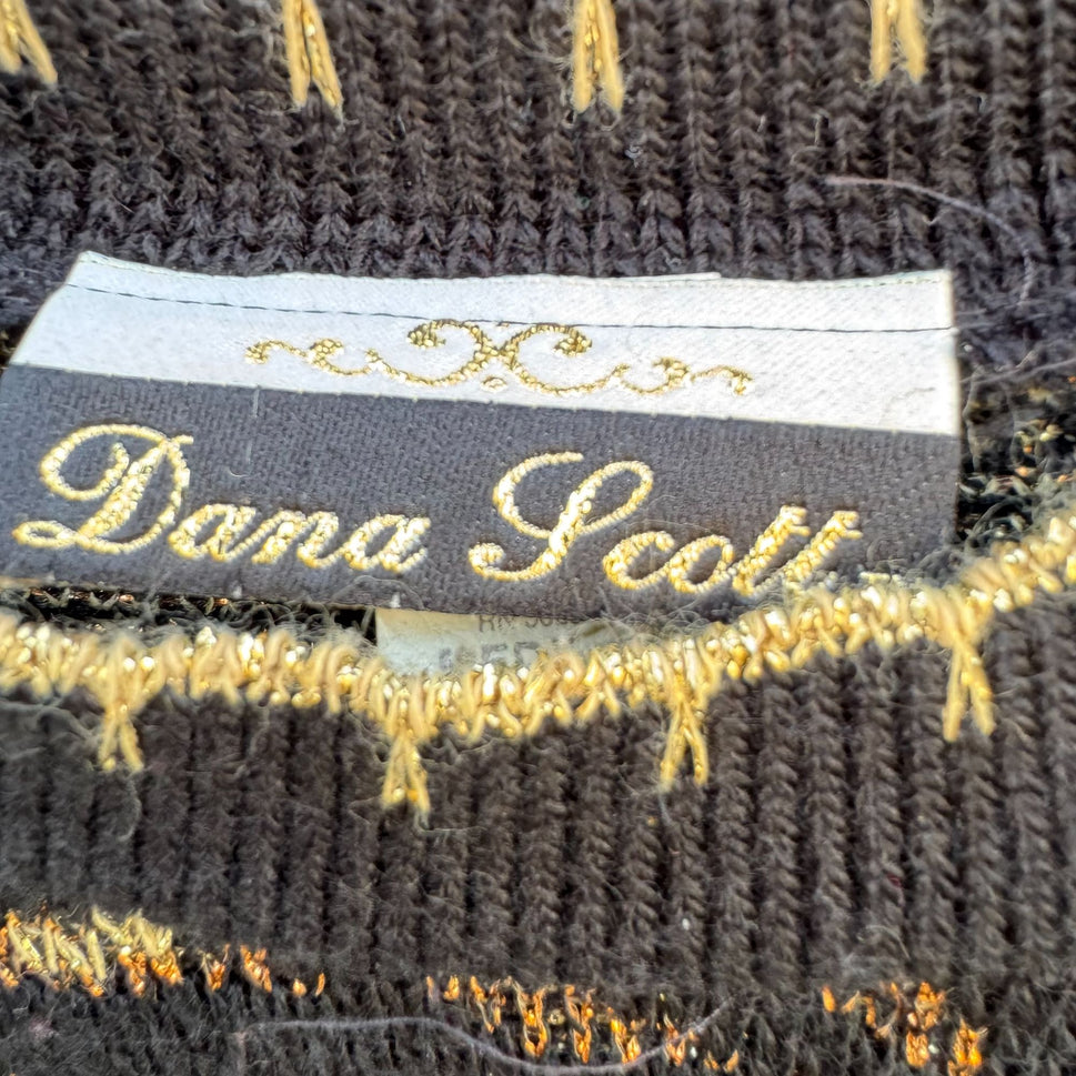 Dana Scott Vintage Womens Metallic Black Gold Floral Knit Sweater M Glam Cottage