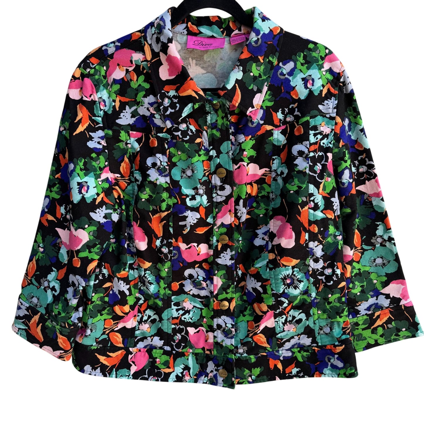 Diva Dana Buchman Vintage Womens Cropped Boho Floral Stretch Long Sleeve Jacket L