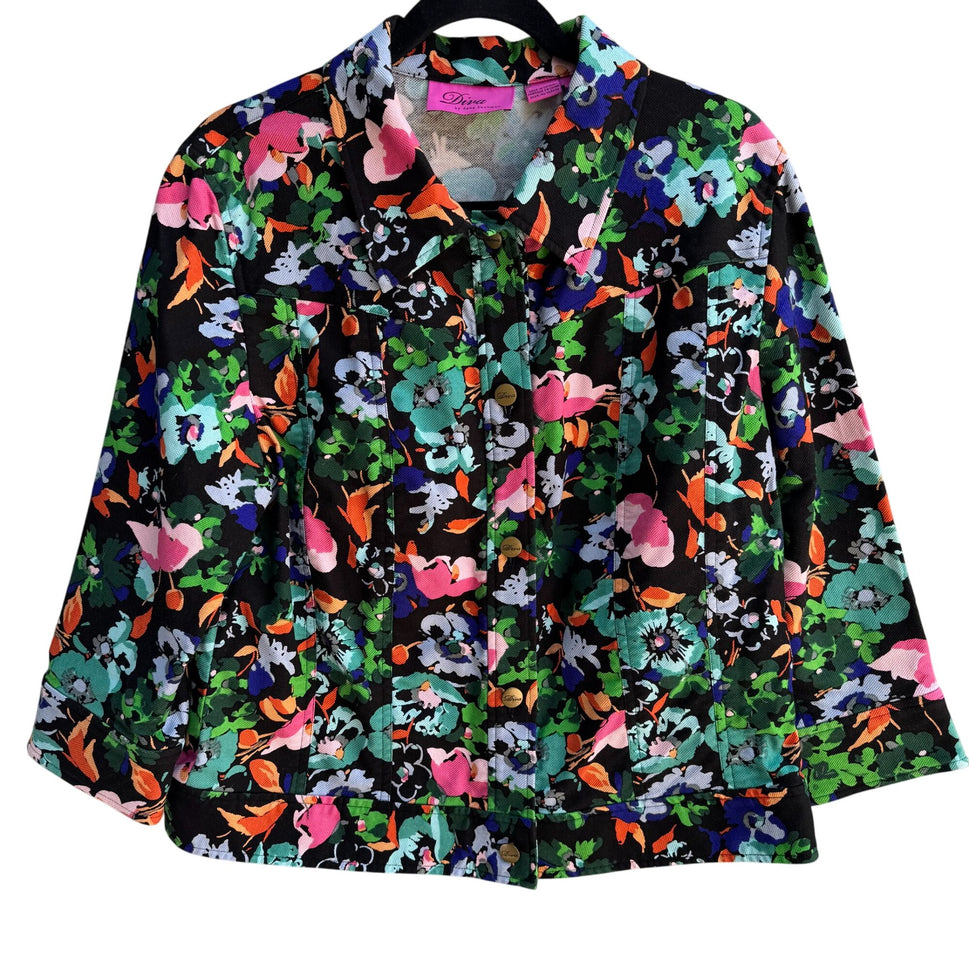 Diva Dana Buchman Vintage Womens Cropped Boho Floral Stretch Long Sleeve Jacket L