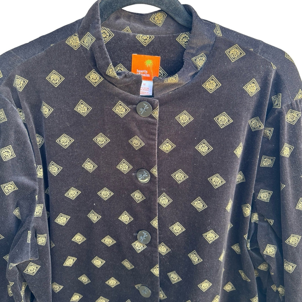 Hearts of Palm Boho Cottagecore Corduroy Embroidered Art Floral Diamond Jacket L