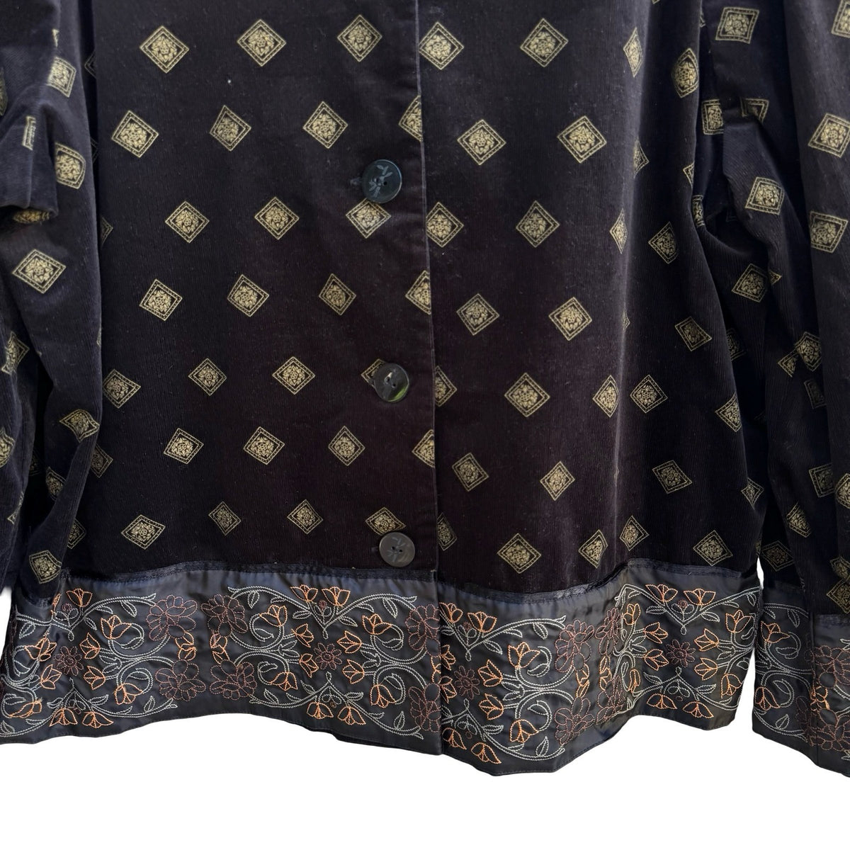 Hearts of Palm Boho Cottagecore Corduroy Embroidered Art Floral Diamond Jacket L