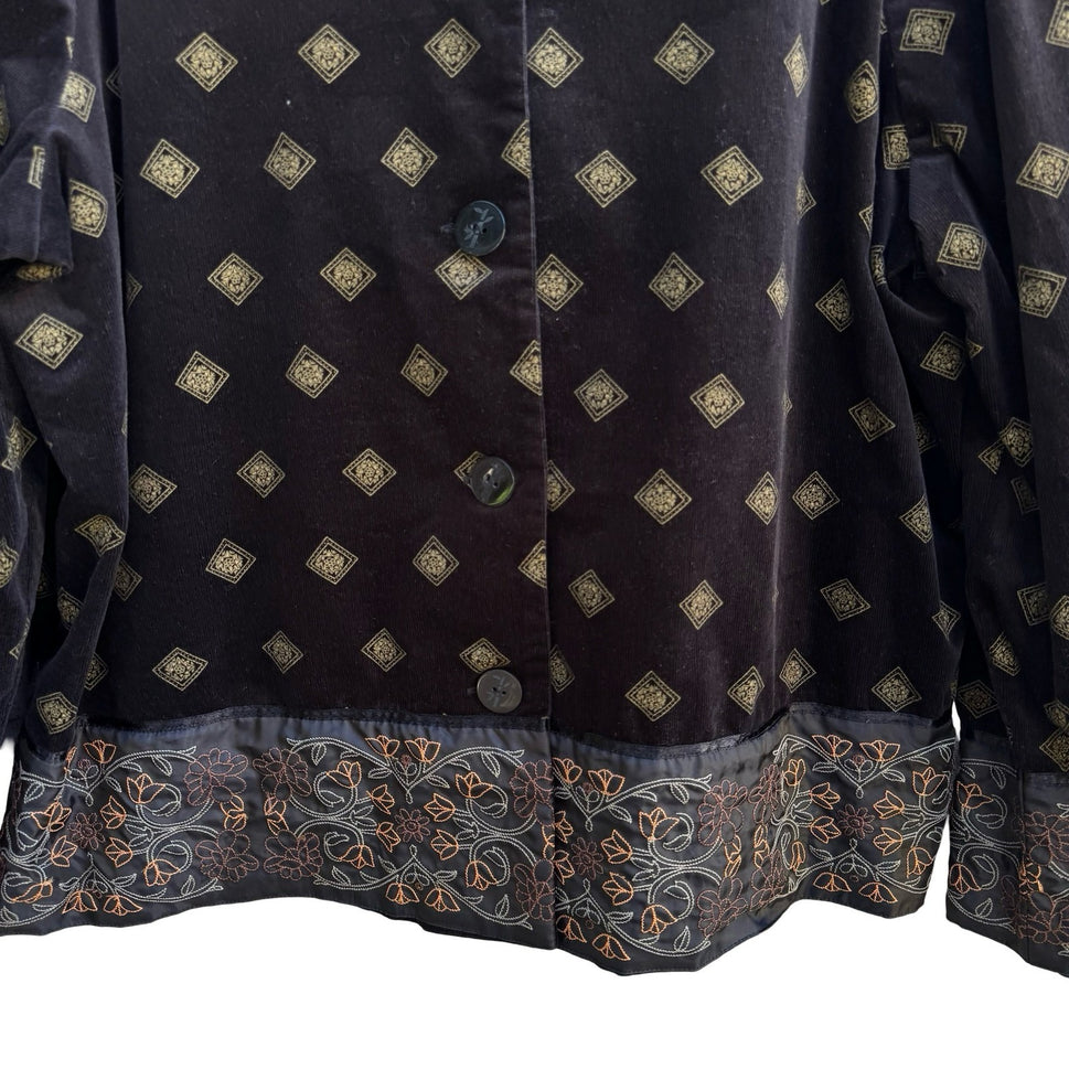 Hearts of Palm Boho Cottagecore Corduroy Embroidered Art Floral Diamond Jacket L