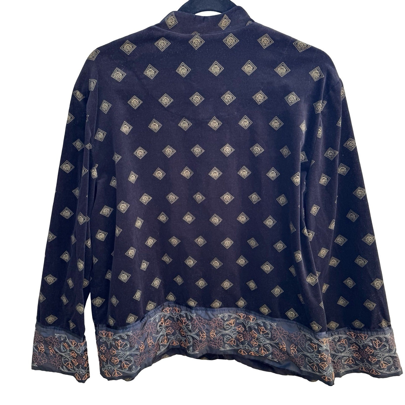 Hearts of Palm Boho Cottagecore Corduroy Embroidered Art Floral Diamond Jacket L