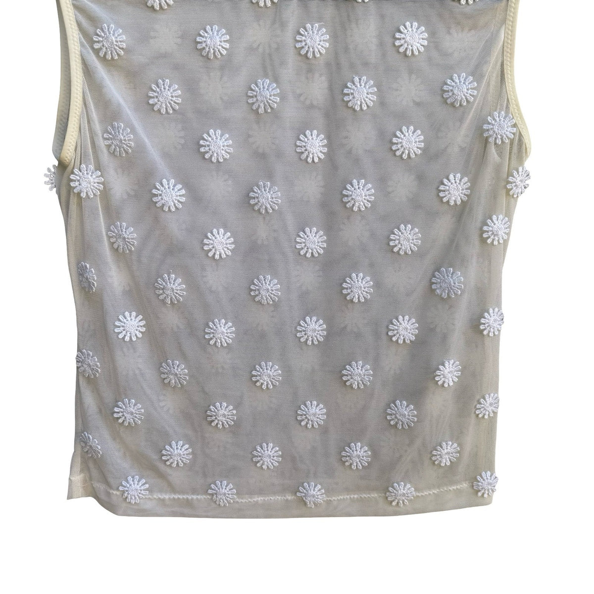 Y2K Coquette Fairycore Sheer Mesh Sleeveless White Floral Daisy Embroidery Top S