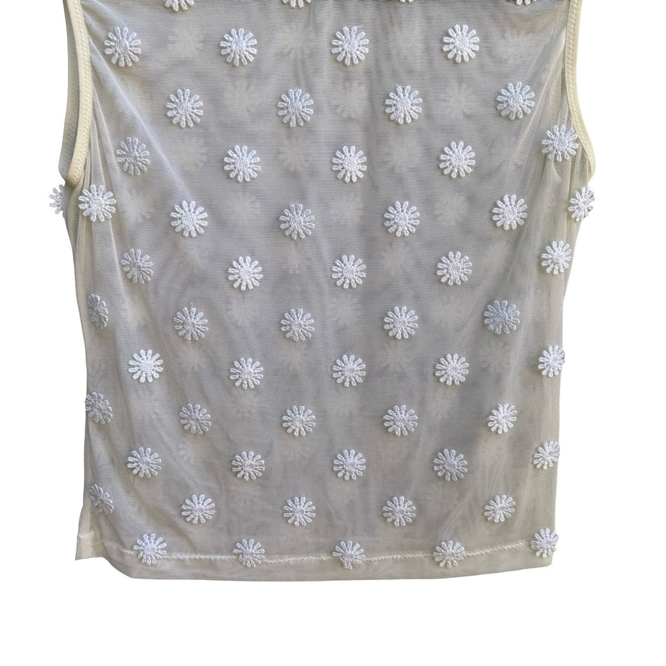 Y2K Coquette Fairycore Sheer Mesh Sleeveless White Floral Daisy Embroidery Top S