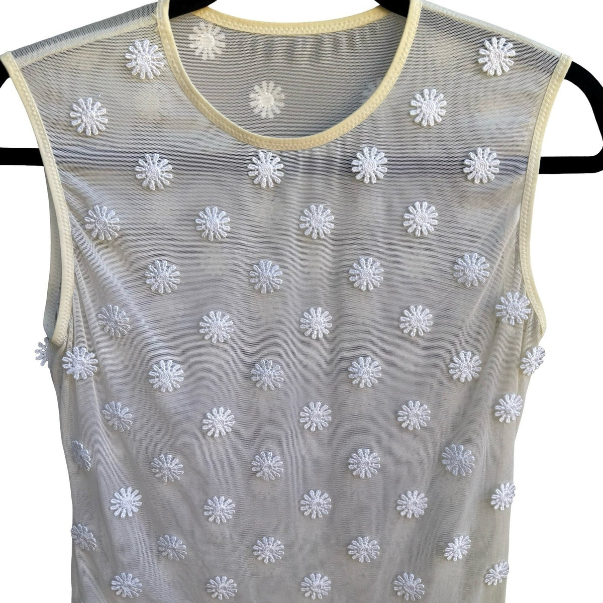 Y2K Coquette Fairycore Sheer Mesh Sleeveless White Floral Daisy Embroidery Top S