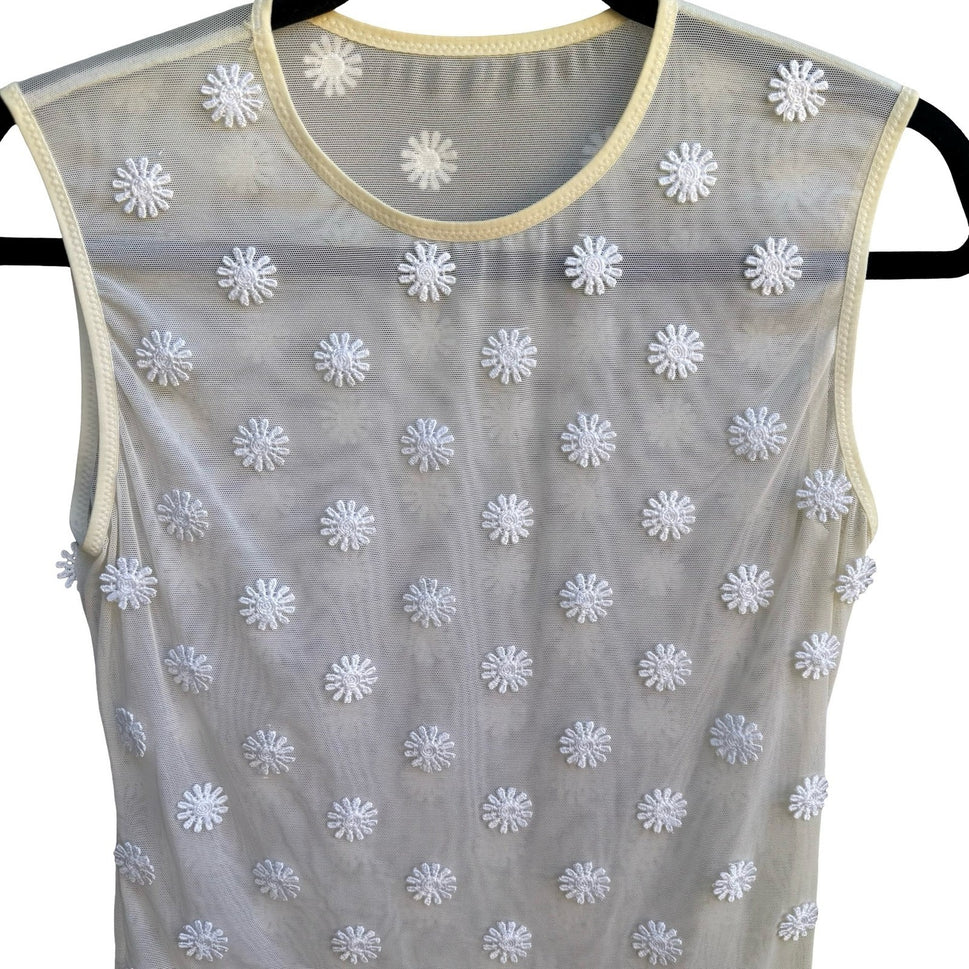 Y2K Coquette Fairycore Sheer Mesh Sleeveless White Floral Daisy Embroidery Top S