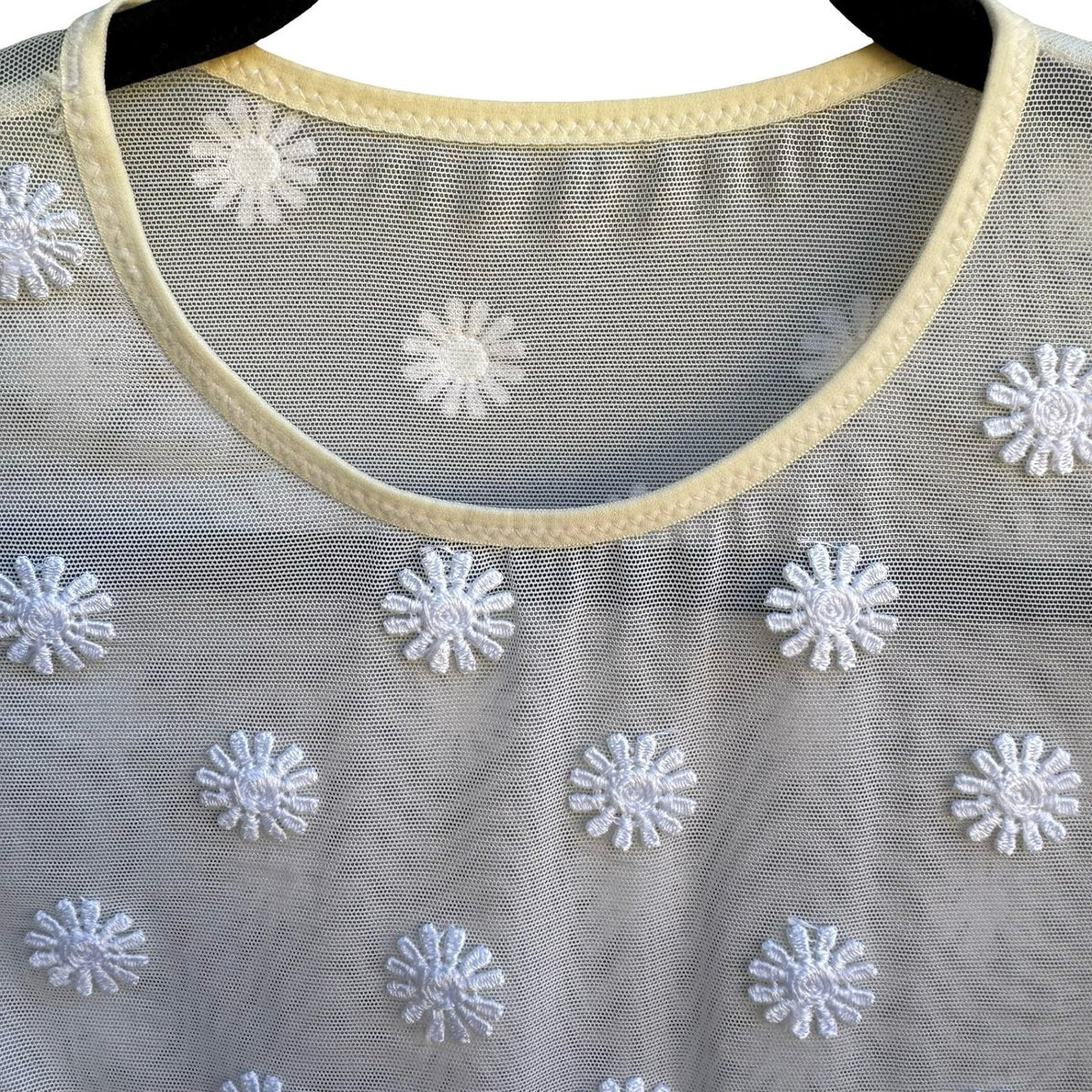 Y2K Coquette Fairycore Sheer Mesh Sleeveless White Floral Daisy Embroidery Top S