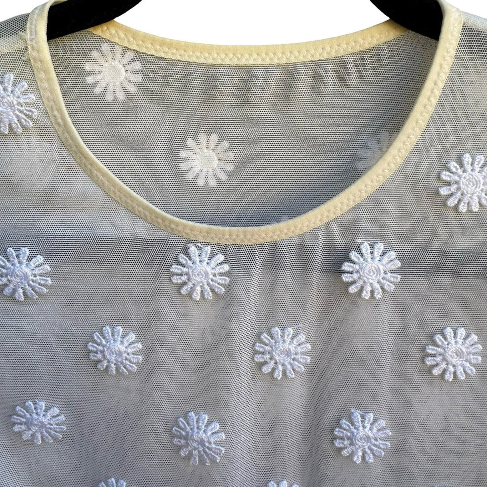 Y2K Coquette Fairycore Sheer Mesh Sleeveless White Floral Daisy Embroidery Top S