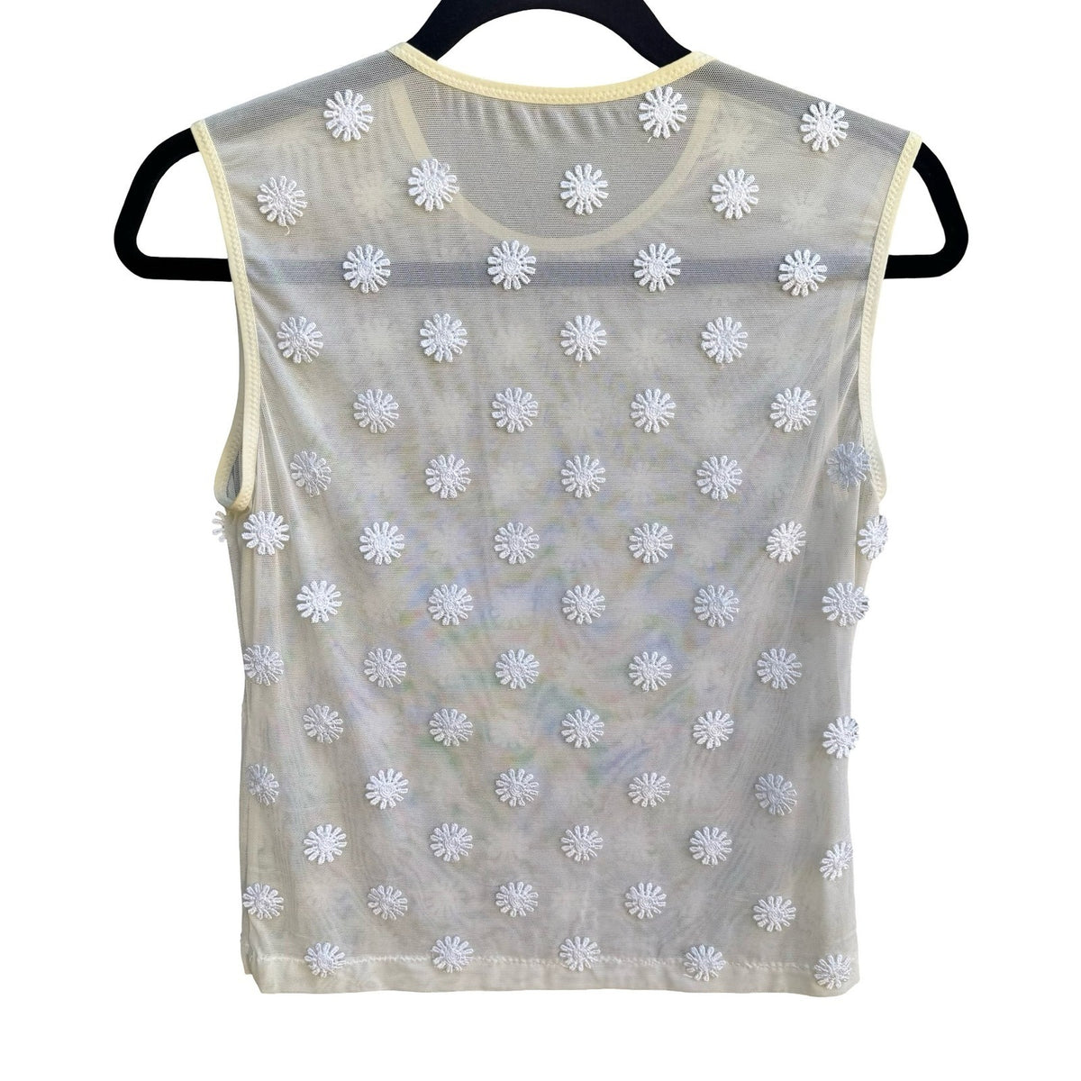 Y2K Coquette Fairycore Sheer Mesh Sleeveless White Floral Daisy Embroidery Top S