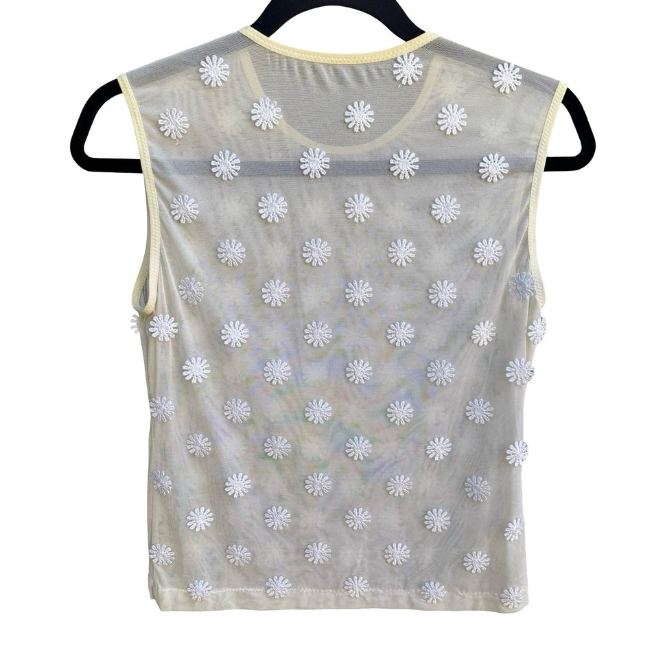 Y2K Coquette Fairycore Sheer Mesh Sleeveless White Floral Daisy Embroidery Top S