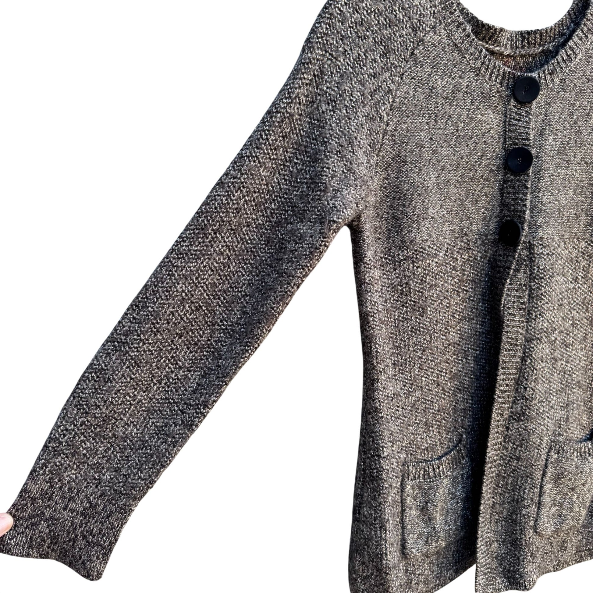 Womens Vintage Brown Wool Metallic Knit Button-Up Cardigan Sweater With Pockets