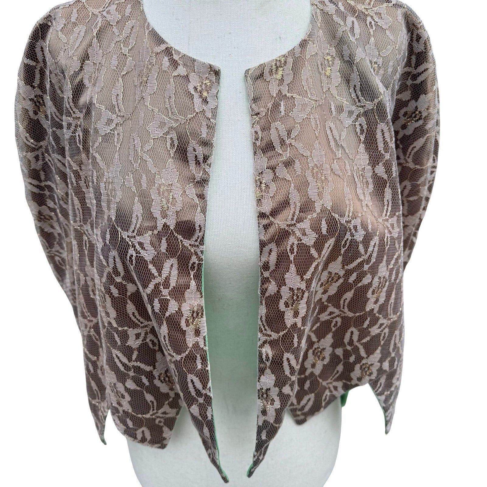 Vintage Handmade Floral Gold Metallic Lace Bolero Capelet Mint Green Lining Glam