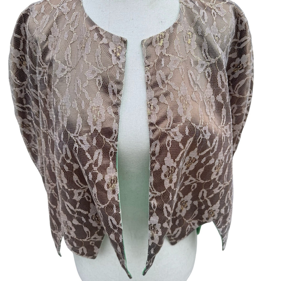 Vintage Handmade Floral Gold Metallic Lace Bolero Capelet Mint Green Lining Glam