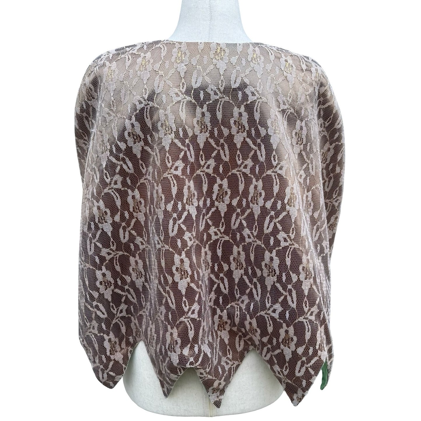 Vintage Handmade Floral Gold Metallic Lace Bolero Capelet Mint Green Lining Glam