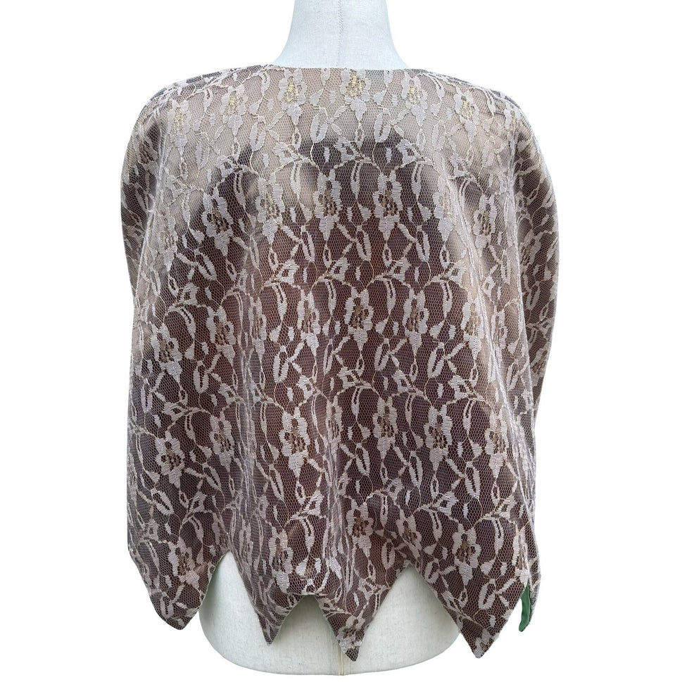 Vintage Handmade Floral Gold Metallic Lace Bolero Capelet Mint Green Lining Glam