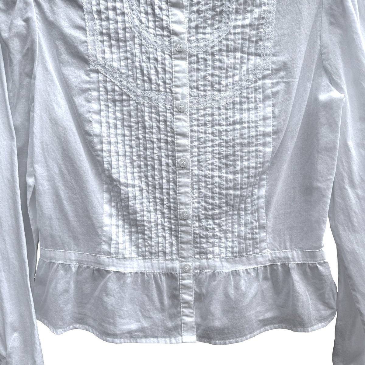 New York & Company Cottagecore Coquette Pintuck Lace Peplum Victorian Blouse M