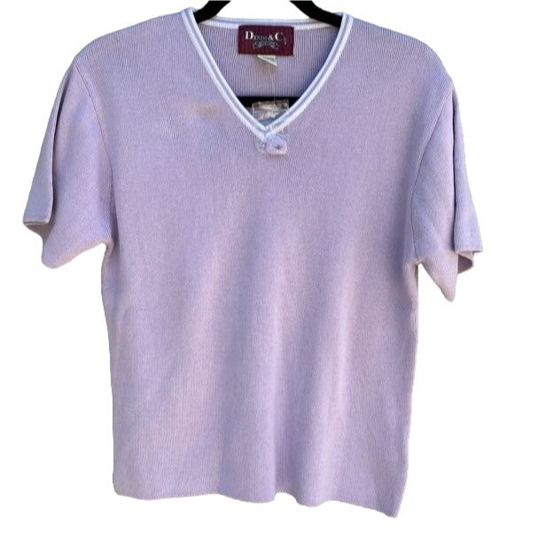 Denim & Co V Neck Lavender Knit Short Sleeve Women's Lightweight Sweater - Small