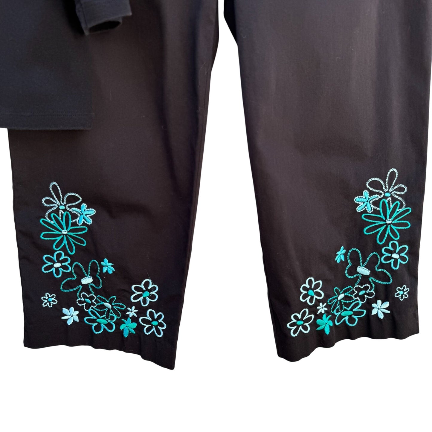 Style & Co Womens Black Teal Floral Embroidered Top Cropped Stretch Pants Set L