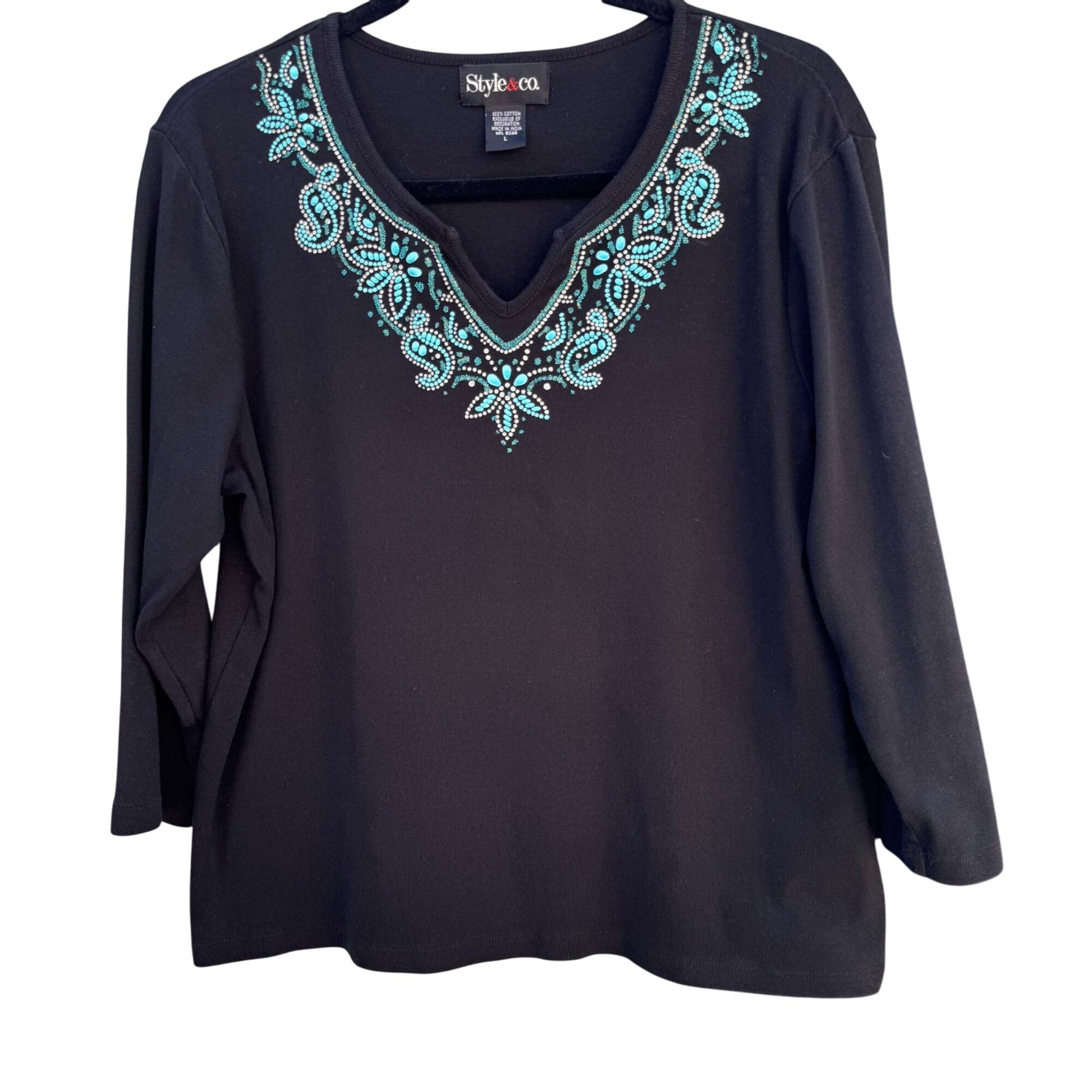 Style & Co Womens Black Teal Floral Embroidered Top Cropped Stretch Pants Set L