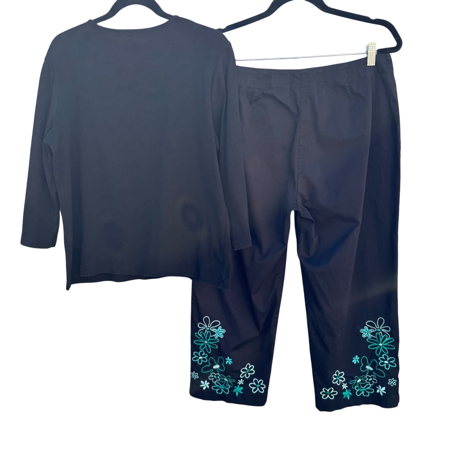 Style & Co Womens Black Teal Floral Embroidered Top Cropped Stretch Pants Set L