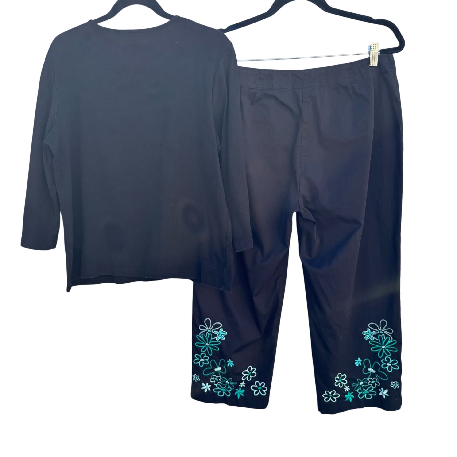 Style & Co Womens Black Teal Floral Embroidered Top Cropped Stretch Pants Set L
