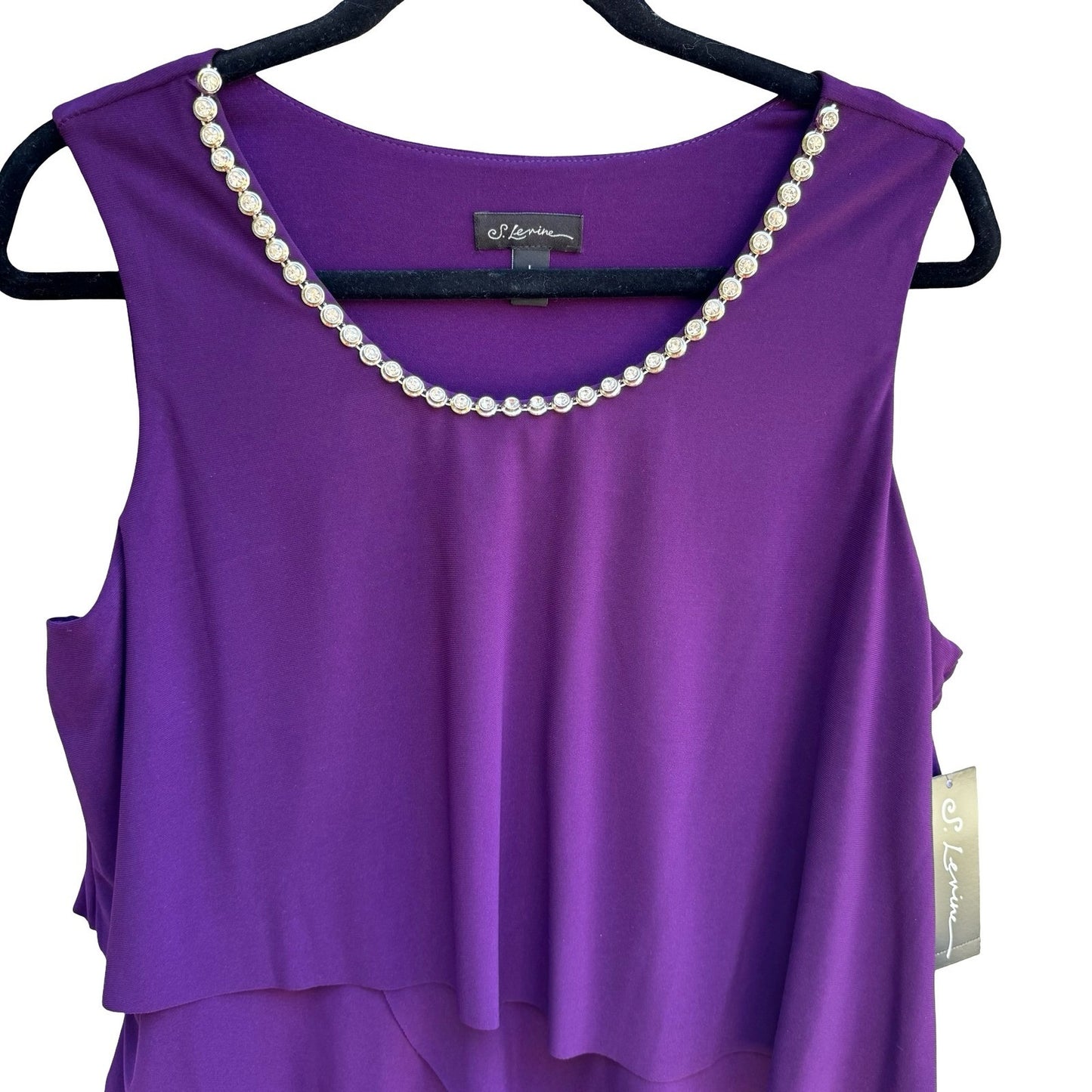 S Levine Cocktail Glam Party Tiered Rhinestone Sleeveless Blouse Purple L NEW