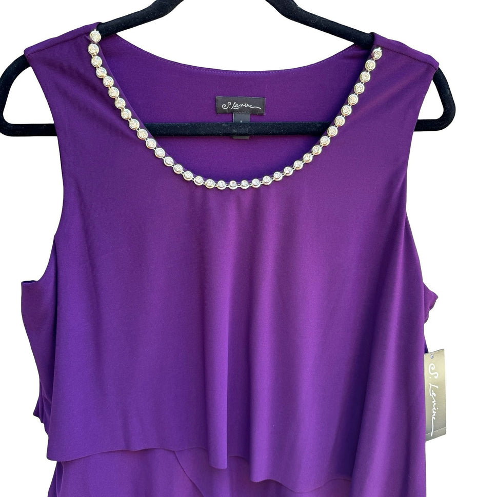 S Levine Cocktail Glam Party Tiered Rhinestone Sleeveless Blouse Purple L NEW
