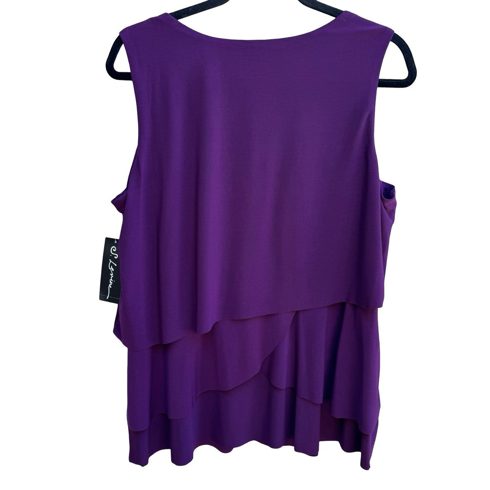 S Levine Cocktail Glam Party Tiered Rhinestone Sleeveless Blouse Purple L NEW
