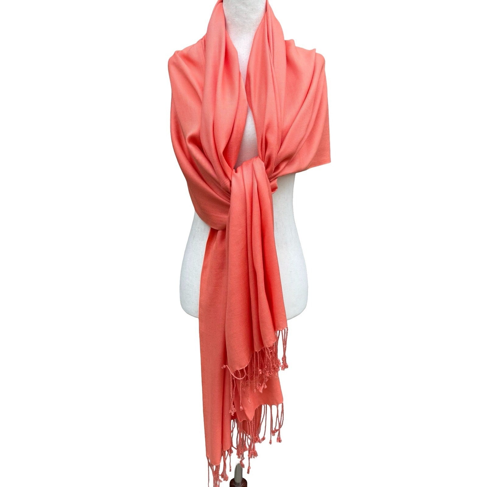 Coral Pink Pashmina Wrap Scarf Fringe Shawl Solid Twill Weave Soft Evening Stole