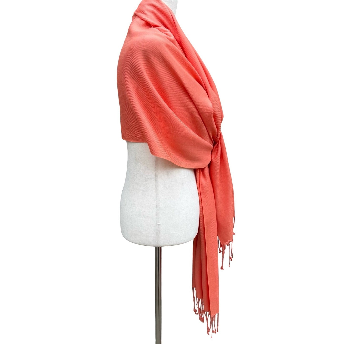 Coral Pink Pashmina Wrap Scarf Fringe Shawl Solid Twill Weave Soft Evening Stole