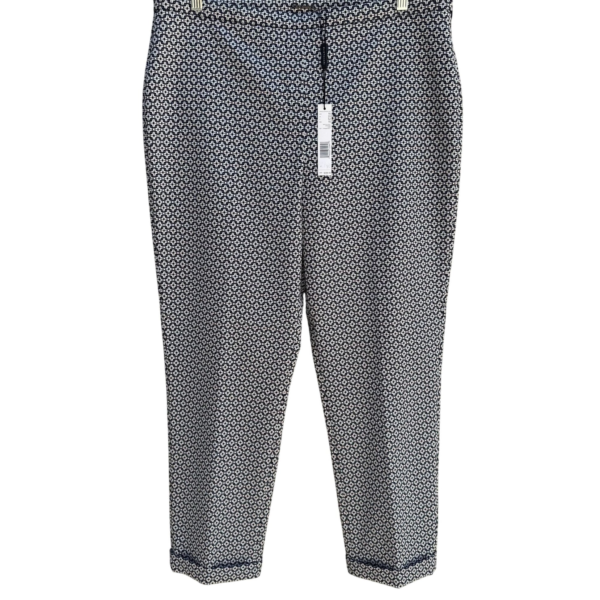 Elie Tahari Marcia Stretch Navy White Geometric Print Cuffed Dress Pants New 16
