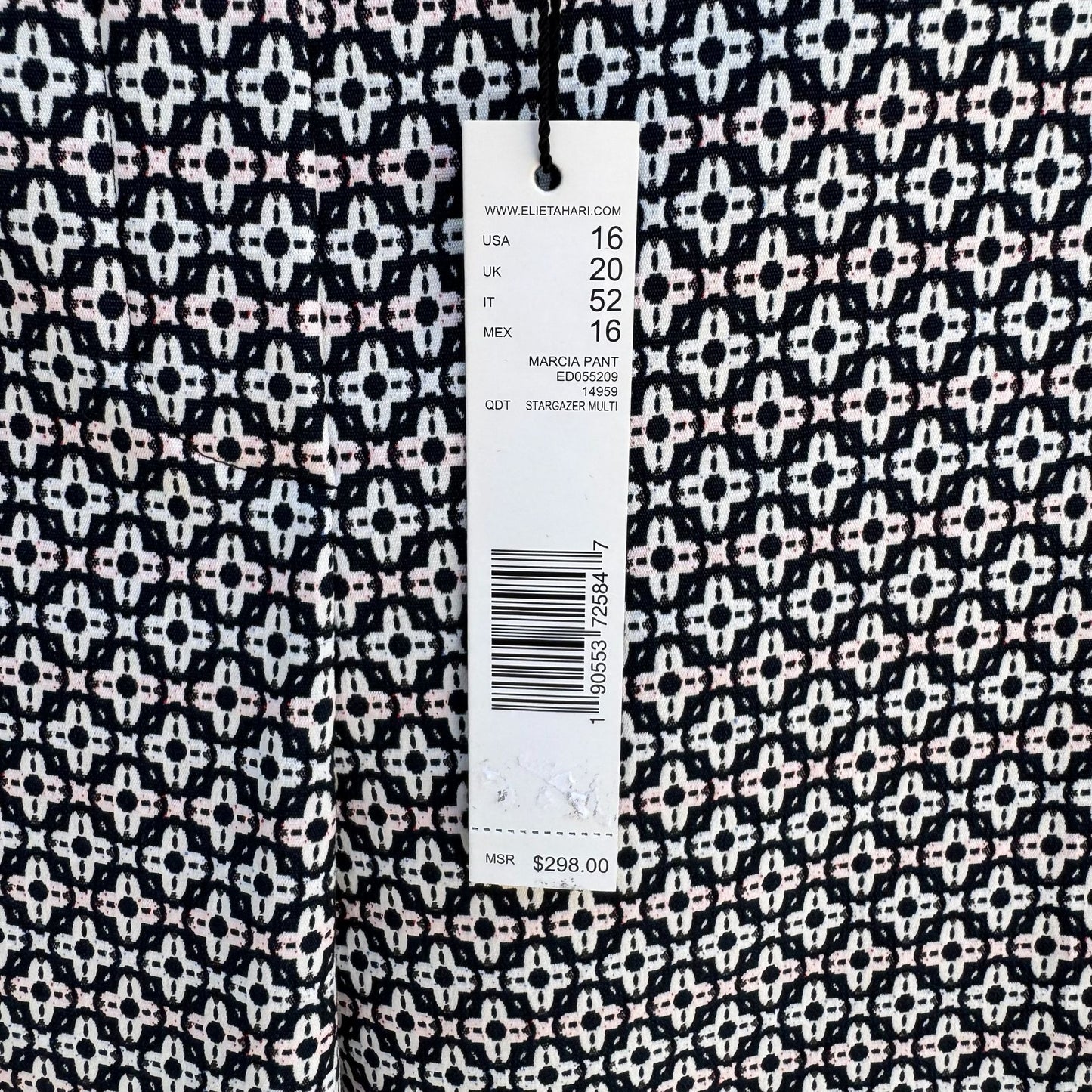 Elie Tahari Marcia Stretch Navy White Geometric Print Cuffed Dress Pants New 16