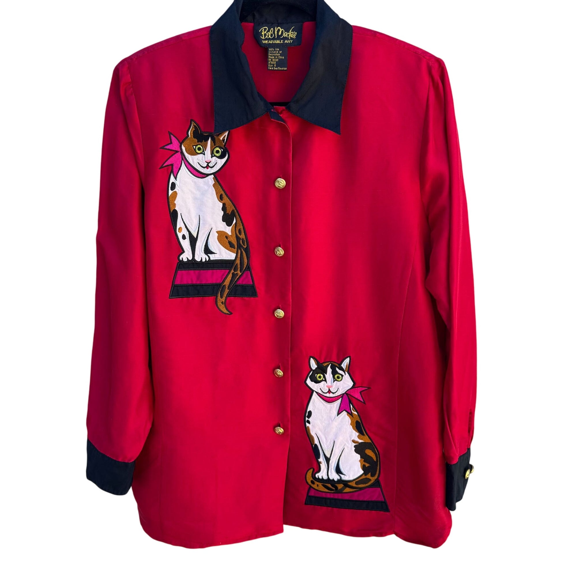 Bob Mackie Wearable Art Vintage Womens Embroidered Red Cat Print Silk Blouse S