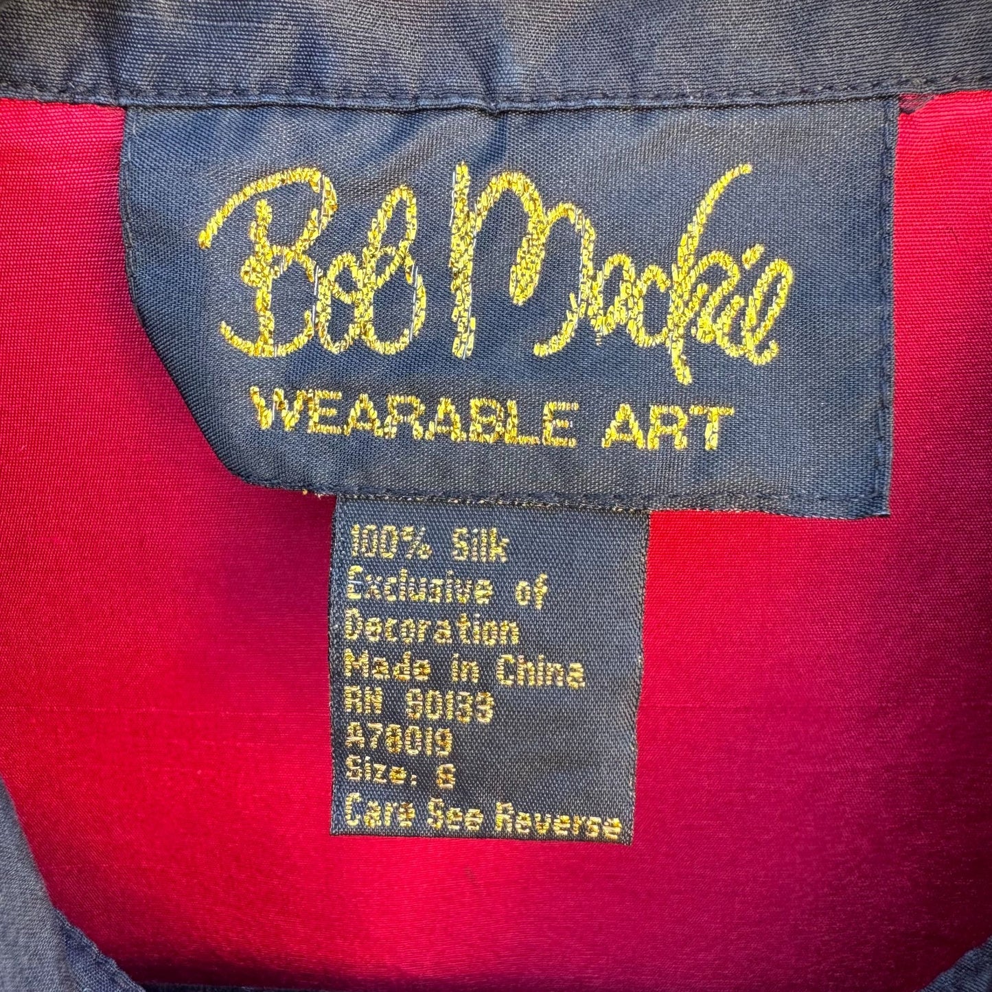 Bob Mackie Wearable Art Vintage Womens Embroidered Red Cat Print Silk Blouse S