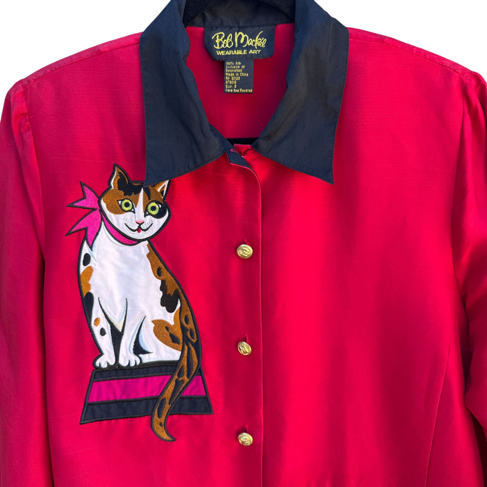 Bob Mackie Wearable Art Vintage Womens Embroidered Red Cat Print Silk Blouse S